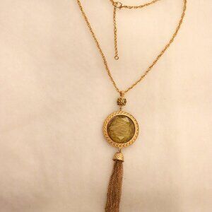 16" golden black round art glass pendant vintage style long tassel necklace